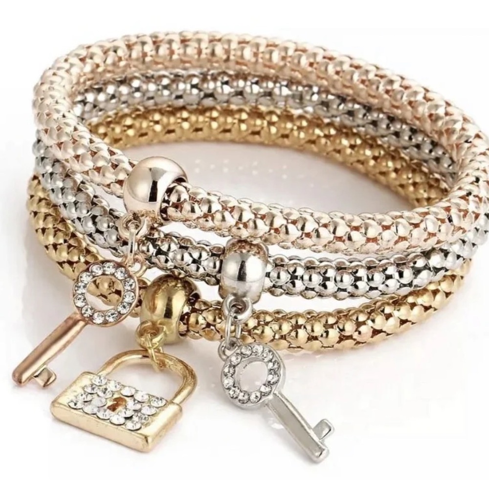 Elegant Gold & Silver Key Lock Bracelet Set